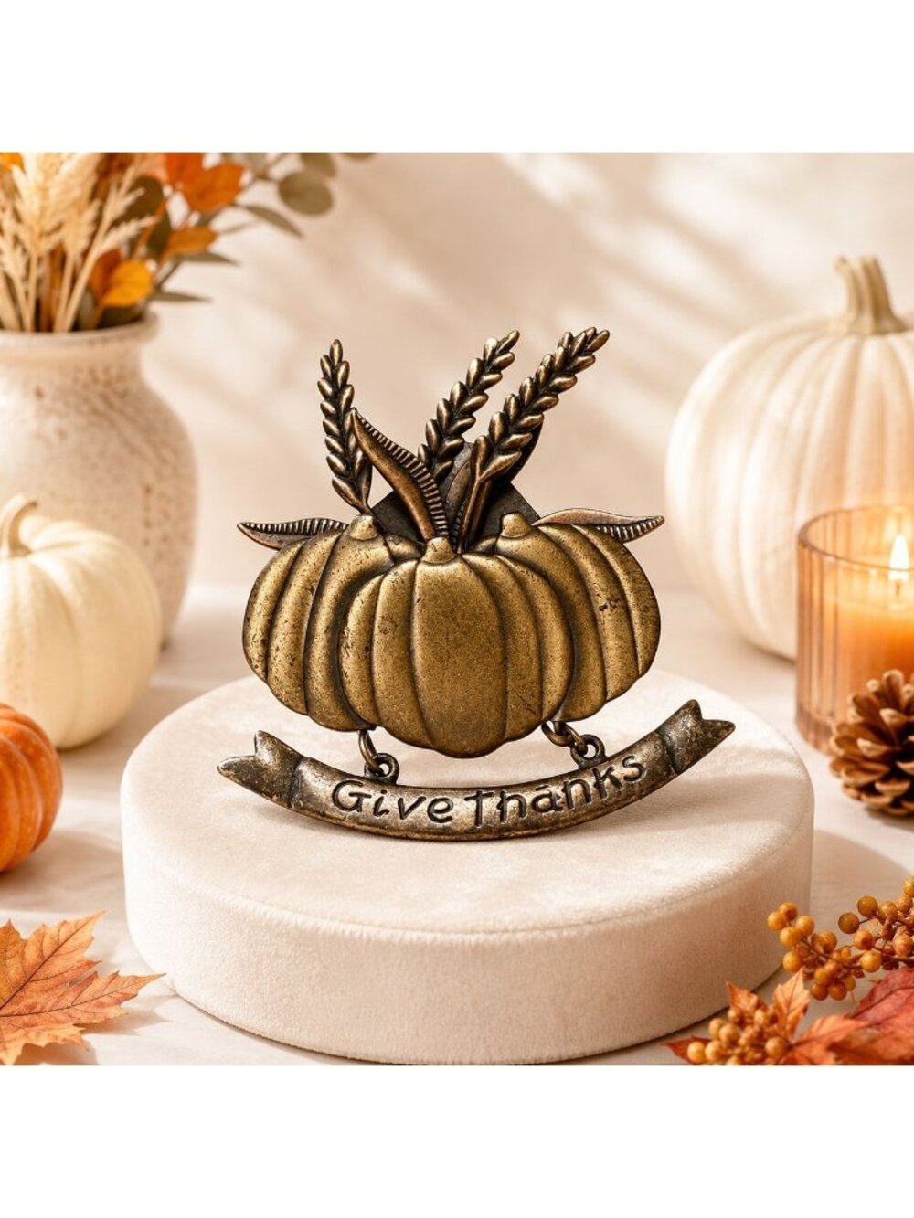 Vintage Give Thanks Pumpkin Brooch Gold Tone Harvest Thanksgiving Autumn Pin